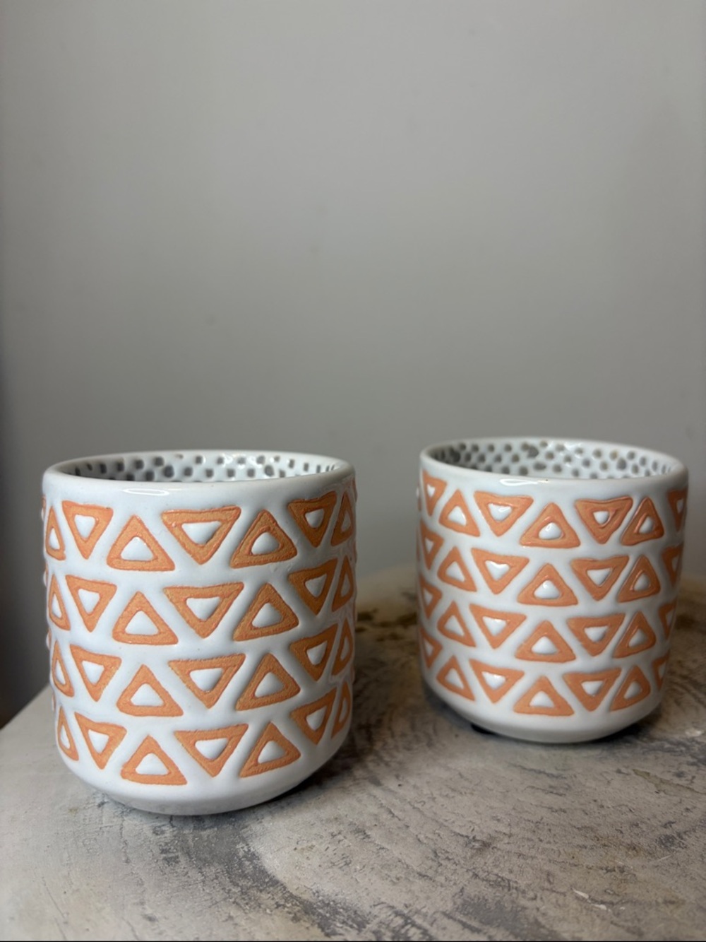 Pair of Two Mini Succulent Planter Pots White Peach Geometric Triangle Print Set